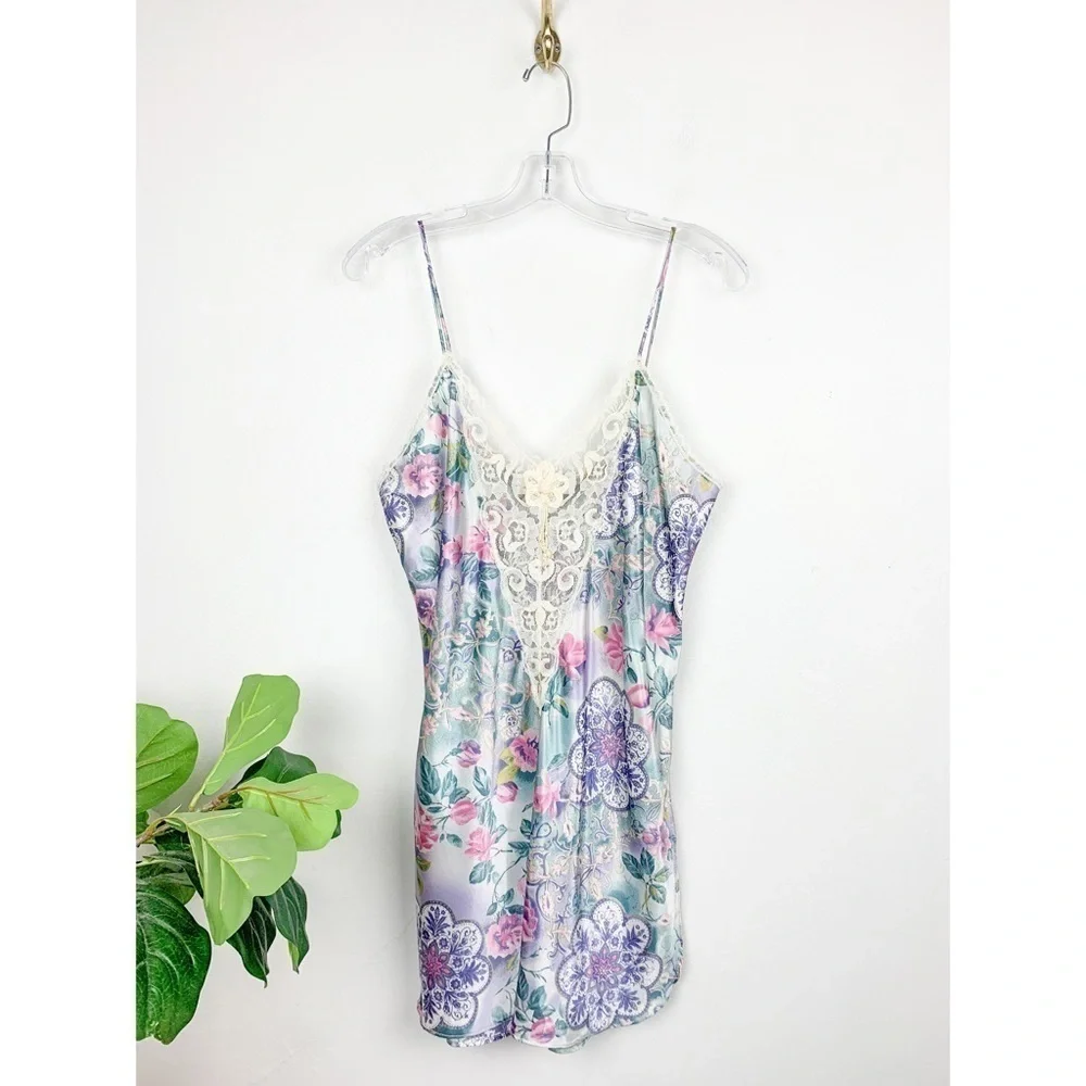 Vintage 60s Laura Gayle Paisley Floral Lace Mini Slip Dress Sz M - Picture 1 of 11